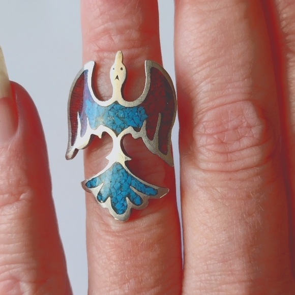 sterling silver Jewelry - Vintage Native American sterling silver ring turquoise coral size 5 Thunderbird